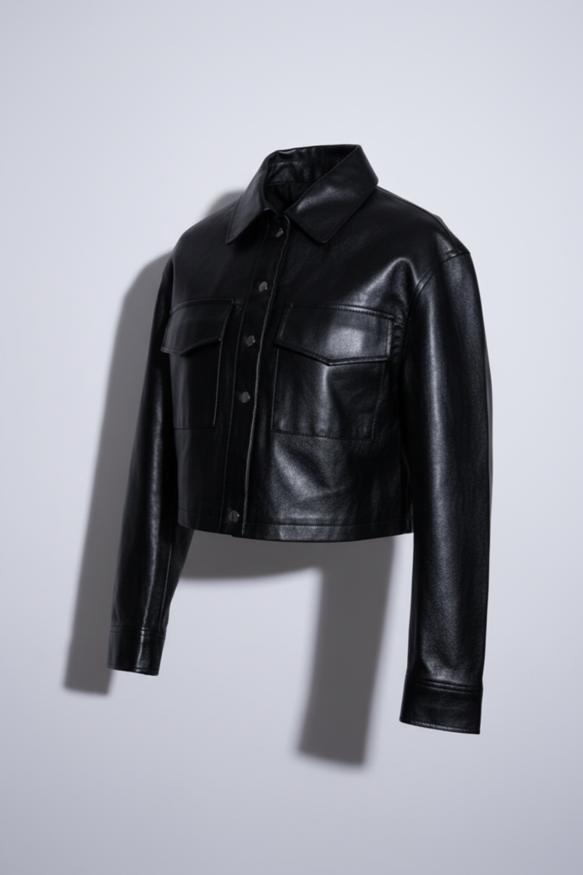 Women black Flap pocket faux leather biker crop button down jacket M/L|L21W18|SKU 6698