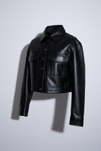 Women black Flap pocket faux leather biker crop button down jacket M/L|L21W18|SKU 6698
