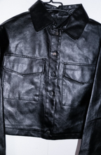 Women black Flap pocket faux leather biker crop button down jacket M/L|L21W18|SKU 6698