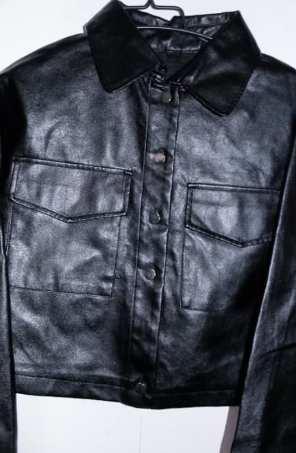 Women black Flap pocket faux leather biker crop button down jacket M/L|L21W18|SKU 6698