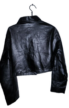 Women black Flap pocket faux leather biker crop button down jacket M/L|L21W18|SKU 6698