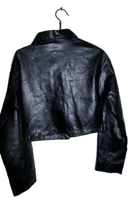 Women black Flap pocket faux leather biker crop button down jacket M/L|L21W18|SKU 6698