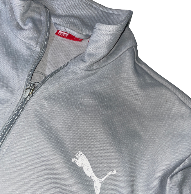 90s vintage men's puma full zip gray side tape small logo sweatshirt size s zipper jacket rare athletic wear L28 w 19 sku 6153