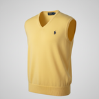 Vintage male Polo Ralph Lauren Yellow Cotton Linen Blend Knit Sweater Vest L SKU 6145