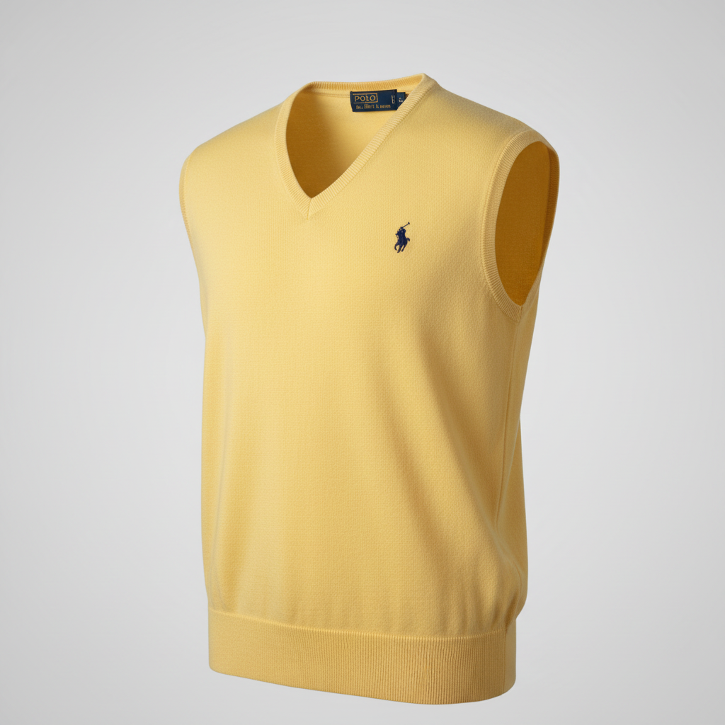 Vintage male Polo Ralph Lauren Yellow Cotton Linen Blend Knit Sweater Vest L SKU 6145