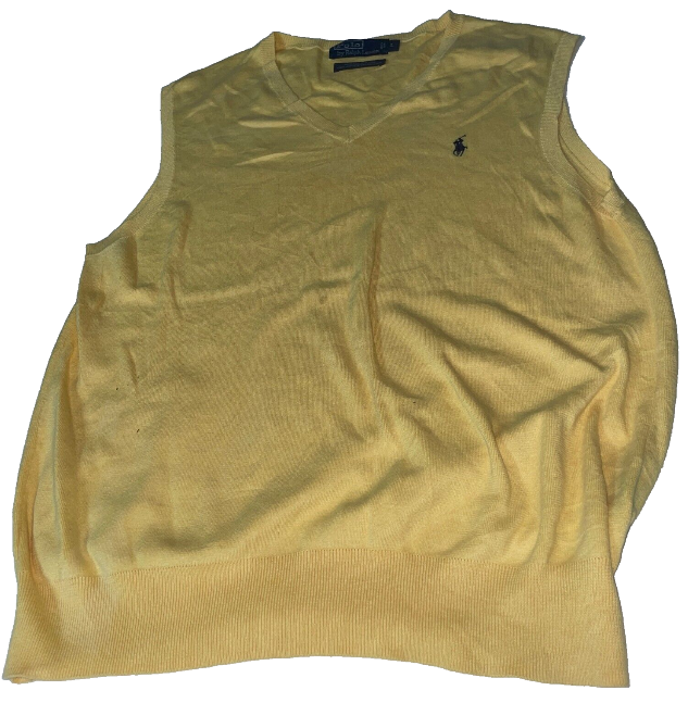 Vintage male Polo Ralph Lauren Yellow Cotton Linen Blend Knit Sweater Vest L SKU 6145