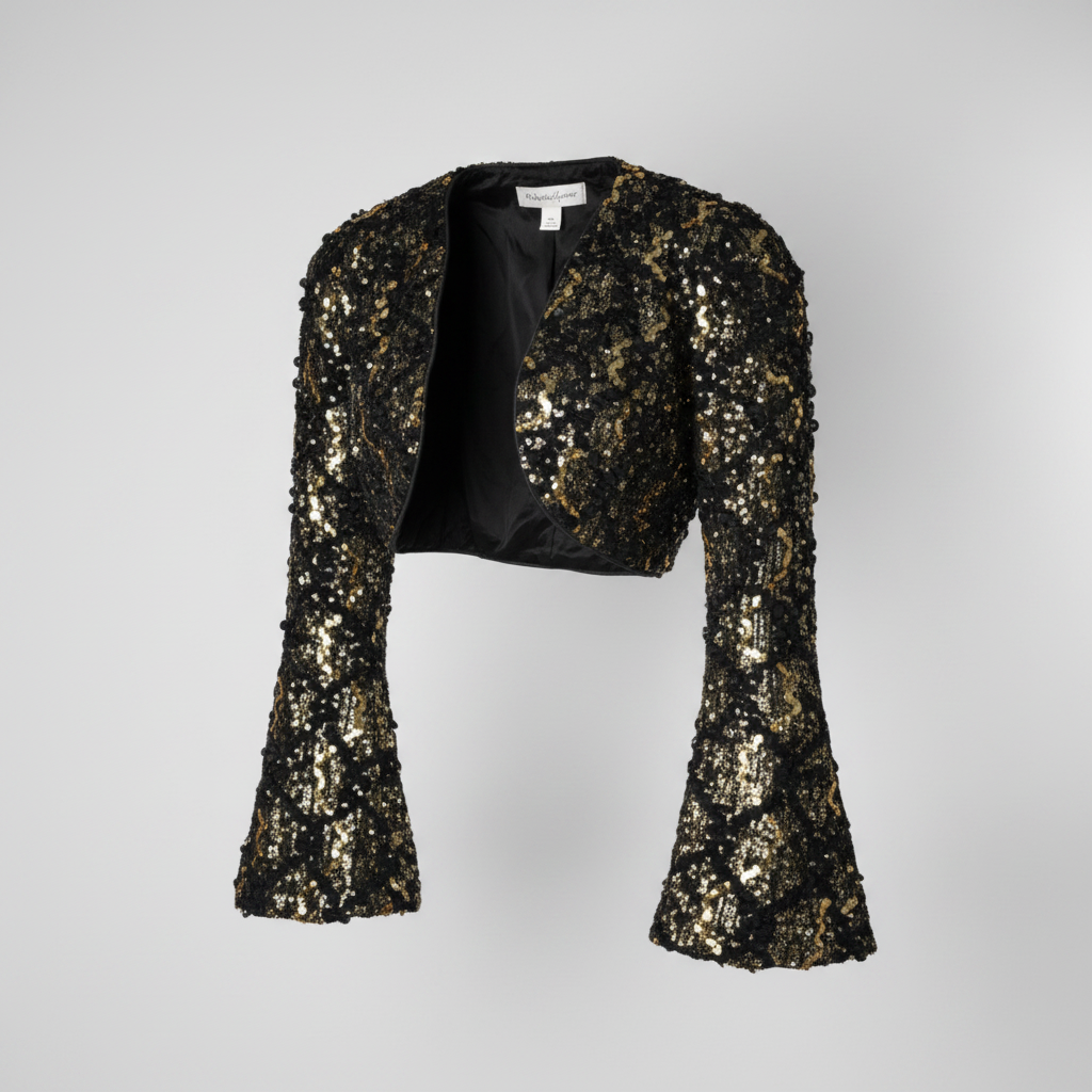 Vintage 80s Fully Sequined Black Gold Sequin Jacket Cropped Jacket S/M L 14 W 14 SKU 6157.