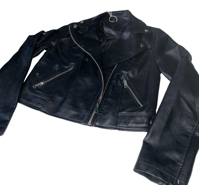 "Leather Signature Biker Jacket SHORT COATED JACKET - Faux leather jacket in size 10 MEDIUM  L 23 W 17 SKU 6167 "
