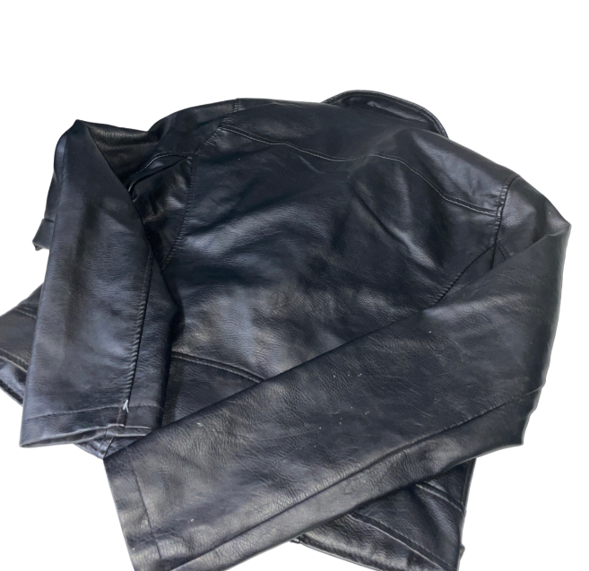 "Leather Signature Biker Jacket SHORT COATED JACKET - Faux leather jacket in size 10 MEDIUM  L 23 W 17 SKU 6167 "