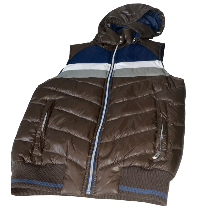 zara brown mens body warmer in size small  Men's sleeveless puffer vest from Zara, size S. Brown and blue SKU 6179