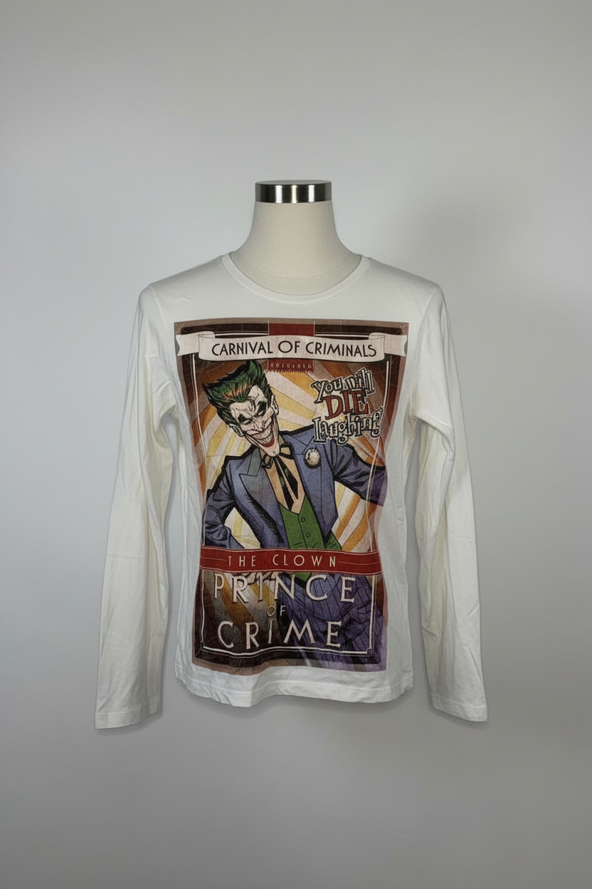 Sisley Batman Clown Prince long-sleeved adult t-shirt. The white shirt features a graphic of the Joker with text that reads "Carnival of Criminals", "You will Die Laughing", and "The Clown Prince of Crime".