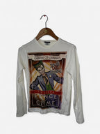 Sisley Batman Clown Prince long-sleeved adult t-shirt. The white shirt features a graphic of the Joker with text that reads "Carnival of Criminals", "You will Die Laughing", and "The Clown Prince of Crime". 