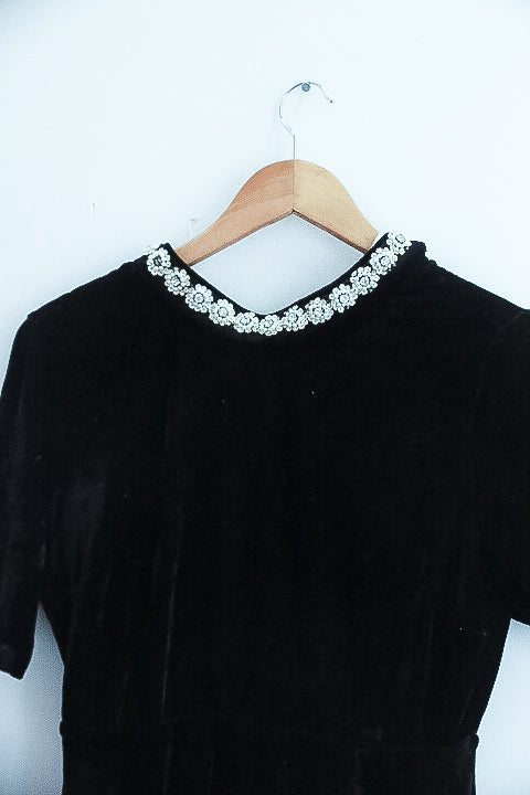 Vintage Oh my love black velvet embellished collar maxi dress size 8/10