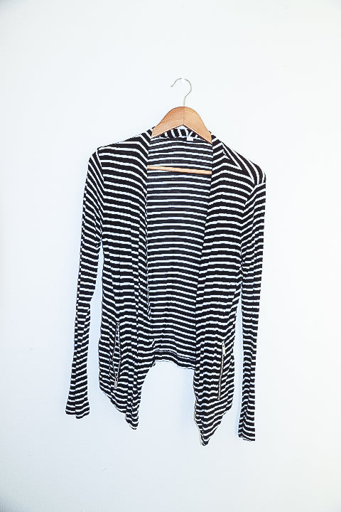 Vintage Womens Calvinklein black and white striped small waterfall cardigan