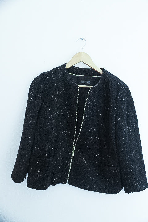 Vintage Espirit womens black metallic full zip collarless blazers jacket