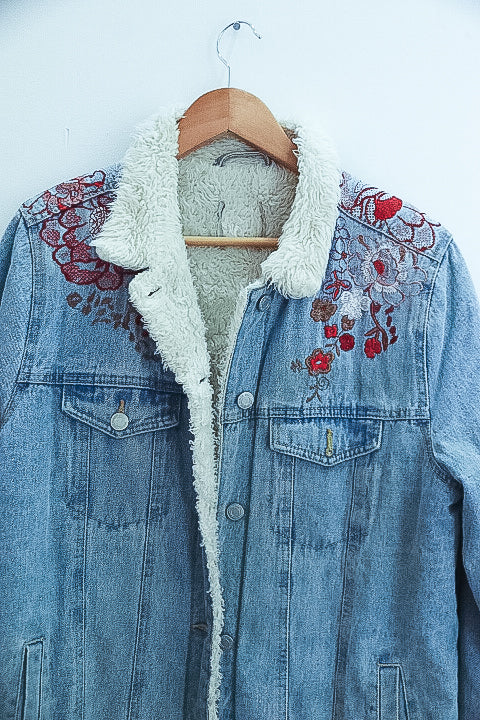 Vintage Faux fur denim floral print blue jacket