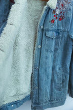 Vintage Faux fur denim floral print blue jacket