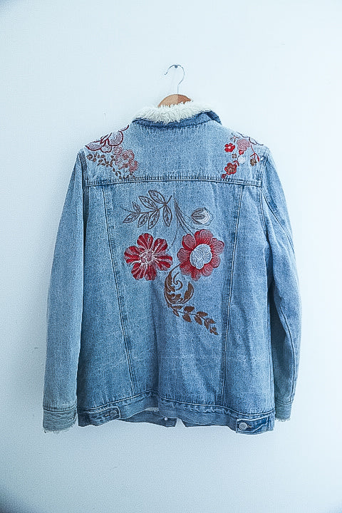 Vintage Faux fur denim floral print blue jacket