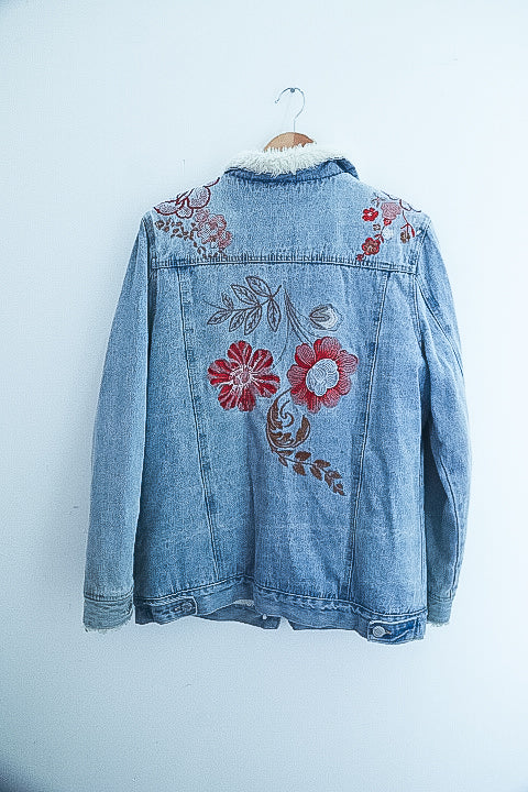 Vintage Faux fur denim floral print blue jacket