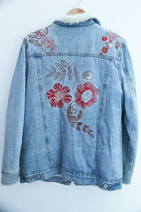 Vintage Faux fur denim floral print blue jacket