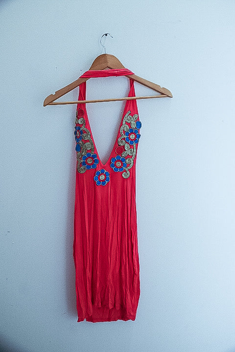Vintage pink floral embroidery sexy mini dress size 8/10