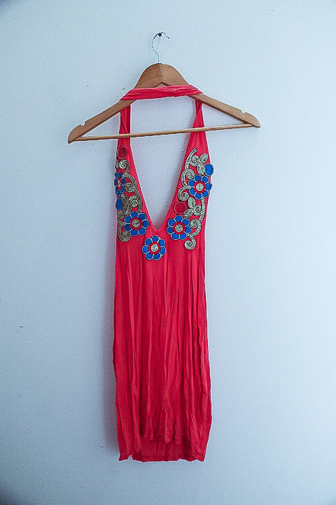 Vintage pink floral embroidery sexy mini dress size 8/10