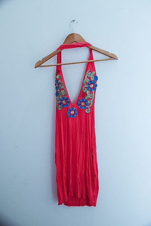 Vintage pink floral embroidery sexy mini dress size 8/10