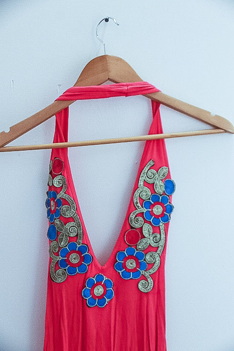 Vintage pink floral embroidery sexy mini dress size 8/10