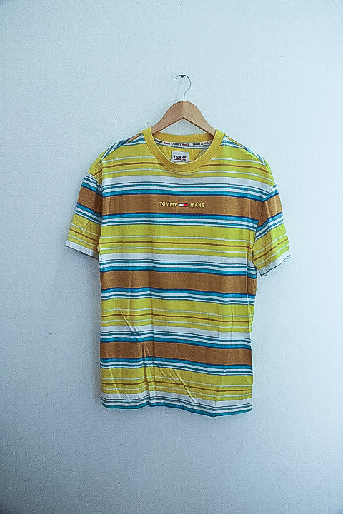 Vintage Tommy Jeans Multistripe Medium Layout T-Shirt Yellow/White/Blue