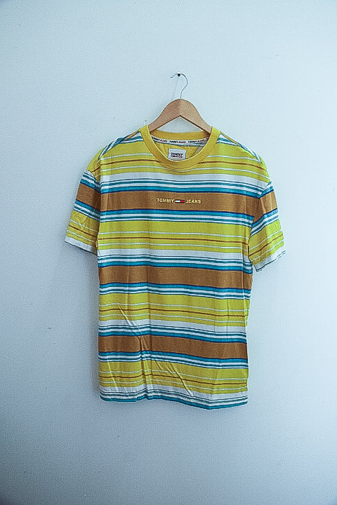 Vintage Tommy Jeans Multistripe Medium Layout T-Shirt Yellow/White/Blue