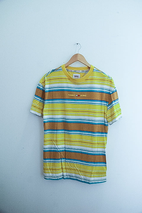 Vintage Tommy Jeans Multistripe Medium Layout T-Shirt Yellow/White/Blue