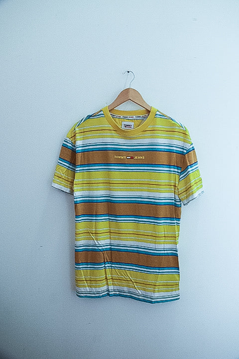 Vintage Tommy Jeans Multistripe Medium Layout T-Shirt Yellow/White/Blue