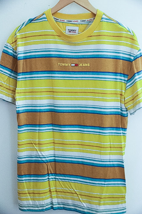 Vintage Tommy Jeans Multistripe Medium Layout T-Shirt Yellow/White/Blue