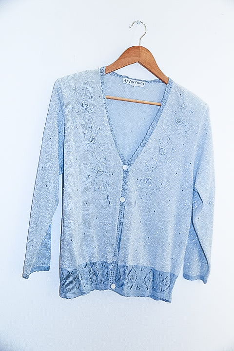 Vintage affections blue floral embroidery knit cardigan