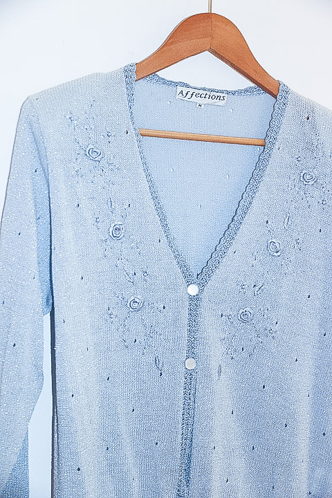 Vintage affections blue floral embroidery knit cardigan