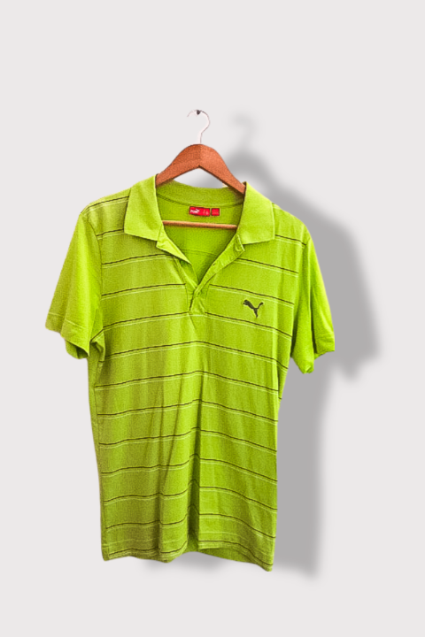 Vintage Puma neon green stripped regular fit polo shirt