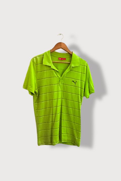 Vintage Puma neon green stripped regular fit polo shirt