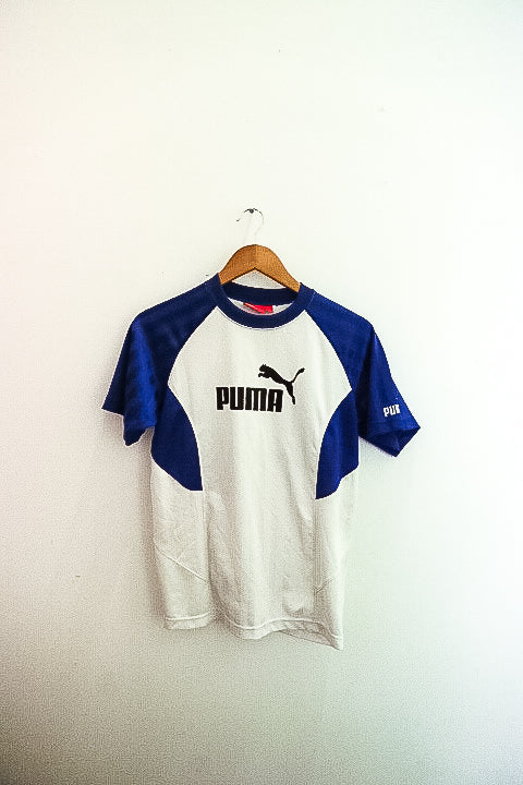 Vintage women white and blue medium puma speed training jersey
