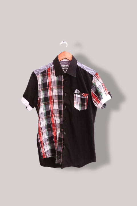 Vintage mens Yves Enzo black checkered medium slim fit short sleeve shirt