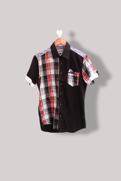 Vintage mens Yves Enzo black checkered medium slim fit short sleeve shirt