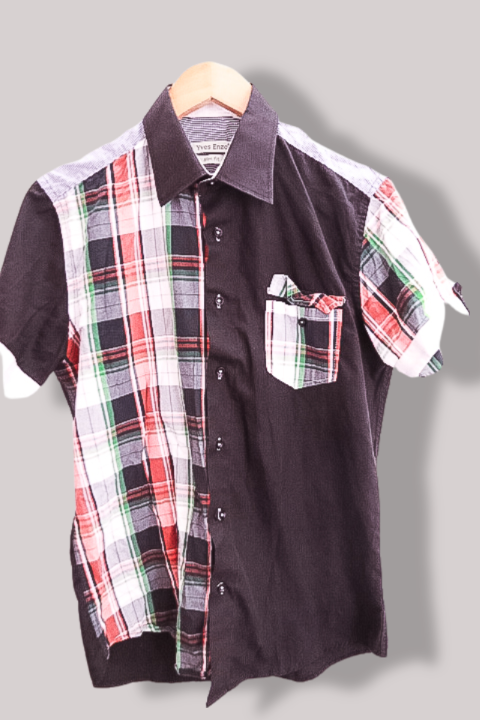 Vintage mens Yves Enzo black checkered medium slim fit short sleeve shirt