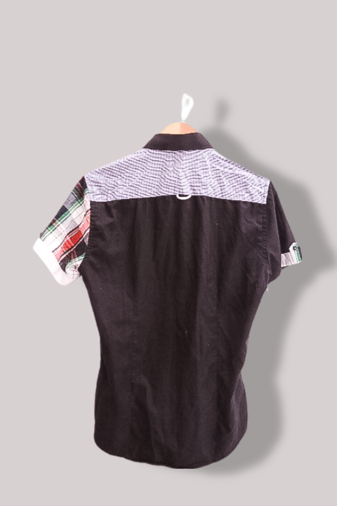 Vintage mens Yves Enzo black checkered medium slim fit short sleeve shirt