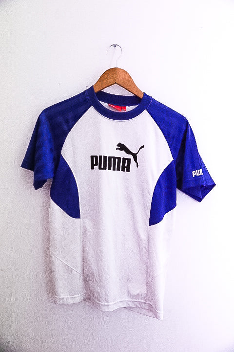 Vintage women white and blue medium puma speed training jersey