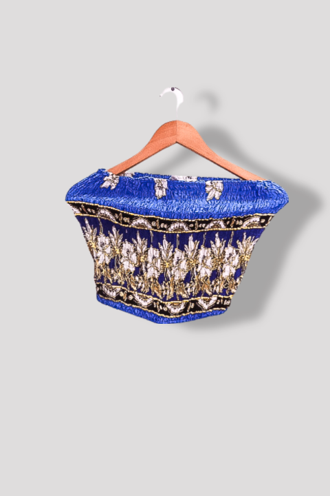 Vintage blue womens floral pattern sleevelesss off-shoulder small crop top