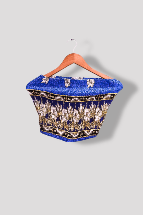 Vintage blue womens floral pattern sleevelesss off-shoulder small crop top