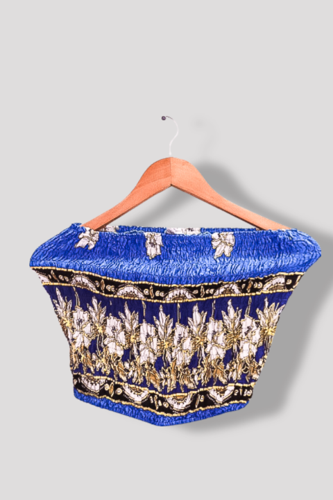 Vintage blue womens floral pattern sleevelesss off-shoulder small crop top