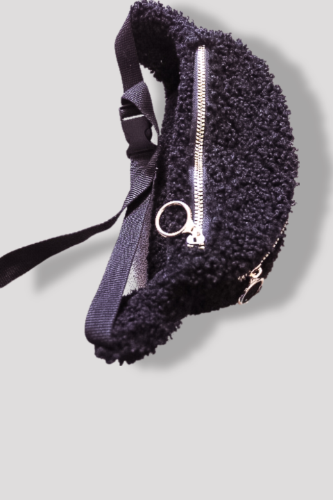 Vintage black feece womens bum bag with metallic zip