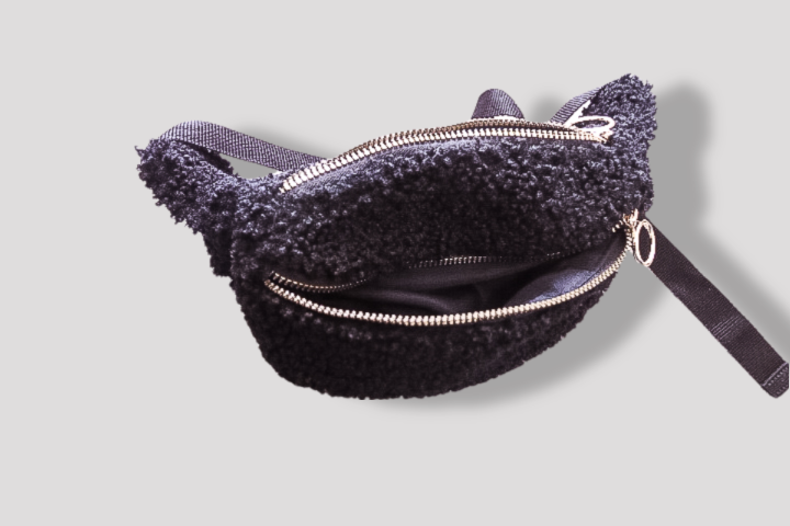 Vintage black feece womens bum bag with metallic zip