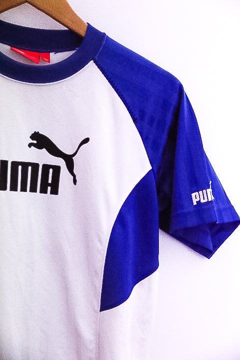 Vintage women white and blue medium puma speed training jersey