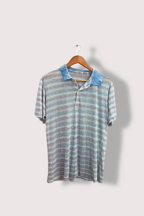 Vintage Hans G. Mooker blue multistripe performance mens polo shirt